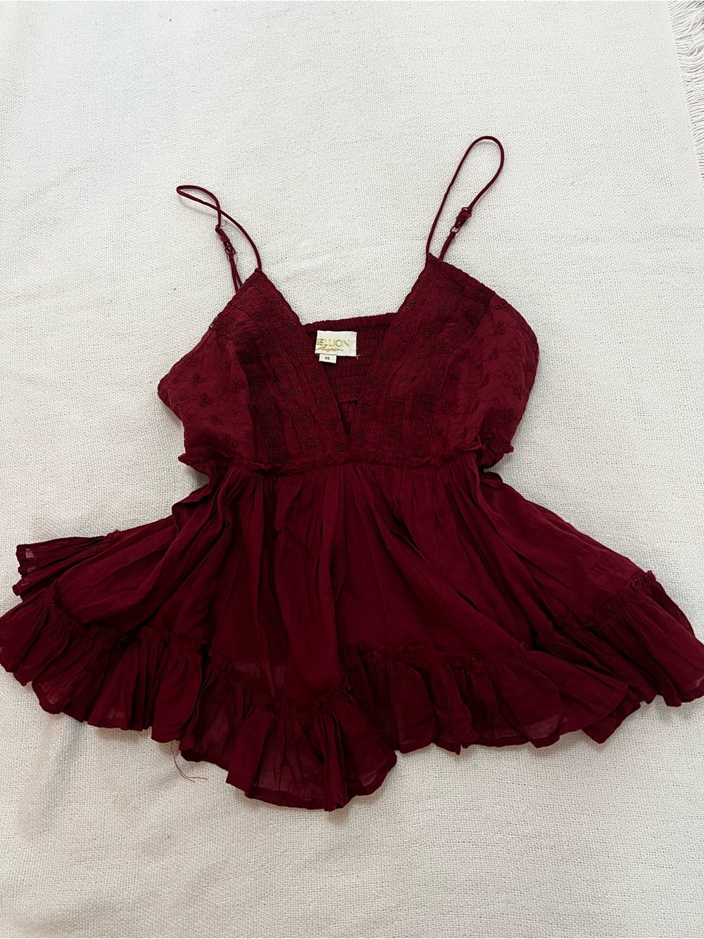 Lush Wine-Red Lace-Accent Babydoll Top